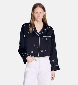 Chemise brodée perles et strass - Sandro - Noir