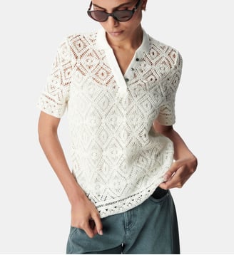 Top tricot crochet col polo - Ikks - Écru