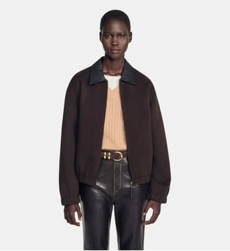 Blouson double face col cuir - Sandro - Marron foncé