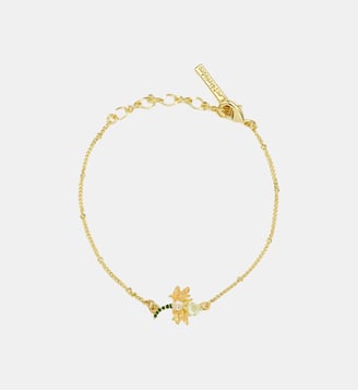 Bracelet fin libellule dorée, pierre ronde verte et cristal - Les Néréides - Vert