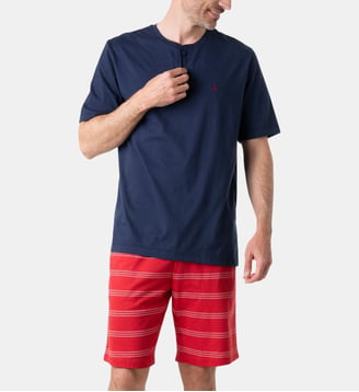 Pyjama court col ouvert, NAUTIQUE - Eminence - Bleu marine et rouge