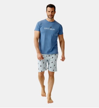 Pyjashort en jersey de coton léger - Cat sup - Arthur - Ciel