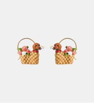 Boucles d'oreilles dormeuses panier, teckel et fleurs - Les Néréides - Multicolore