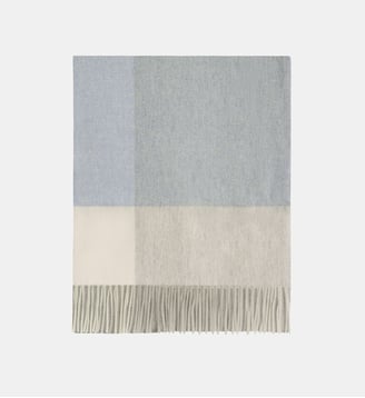 Écharpe cachemire à franges tartan - Bompard - Bleu glacier, gris argente et naturel