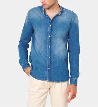 Chemise coupe droite en denim col Mao - Atelier Privé - Bleu denim