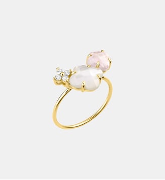 Bague, quartz rose, diamants, nacre blanche, or jaune Morganne Bello