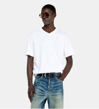 T-shirt à col en V avec micro logo brodé - Diesel - Blanc