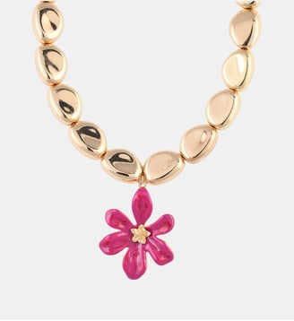 Collier perles dorées pendentif fleur rose fuchsia - Balaboosté - Doré