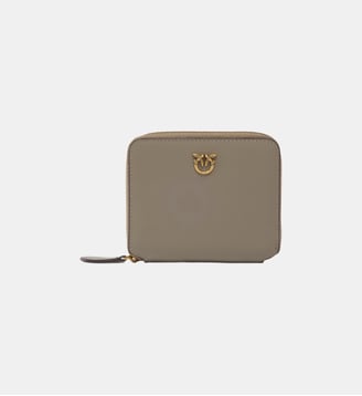 Portefeuille carré à contour zippé en cuir - Pinko - Noyer et or antique