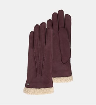 Gants en cuir de chèvre velours, doublés en imitation fourrure - Isotoner - Bordeaux