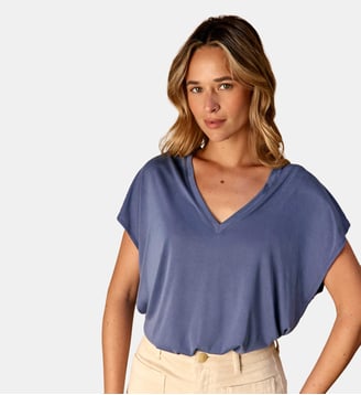 T-shirt manches courtes col v uni MARCELINA - La Petite Etoile - Bleu gris