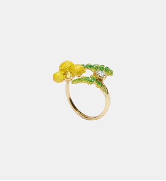 Bague ajustable double fougères et fleurs de mimosa - Les Néréides - Jaune