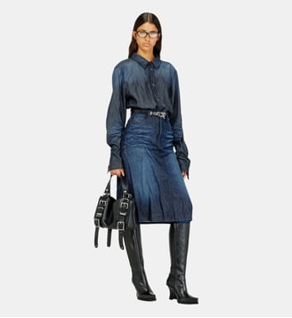 Jupe midi en denim froissé - Diesel - Bleu foncé