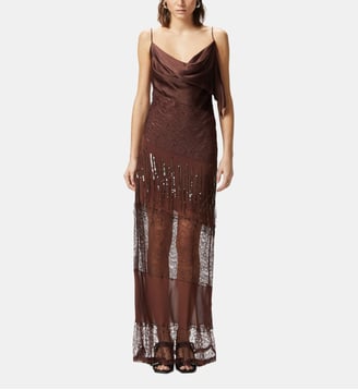 Robe lingerie en satin et dentelle avec franges à strass - Pinko - Marron