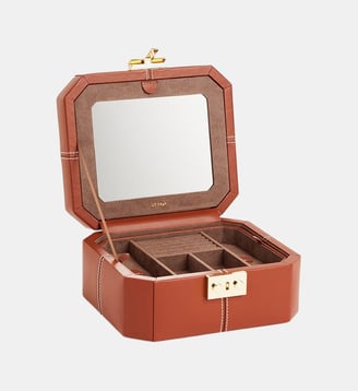 Petite boîte à bijoux fermoir T en cuir - Le Tanneur - Marron acajou blanc craie