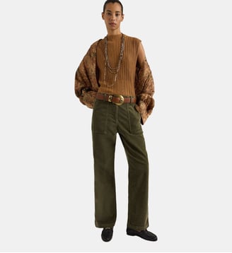 HIBISCUS BIS PANTS IN GARMENT-DYED VELVET - MILITARY GREEN - Momonì - Vert