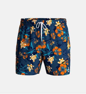 Short de bain fleurs tropicales avec suspensoir - Impetus - Bleu marine et orange