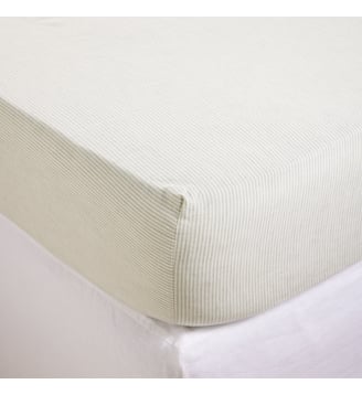 Drap Housse  Fines rayures tissées en lin coton - Madura - Ivoire et vert de gris