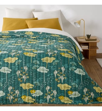 Couvre-lit  boutis matelassé kantha, voile de coton - La Redoute Interieurs - Imprimé fond vert
