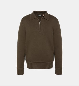 Pull col polo zippé maille fantaisie - Schott - Kaki foncé