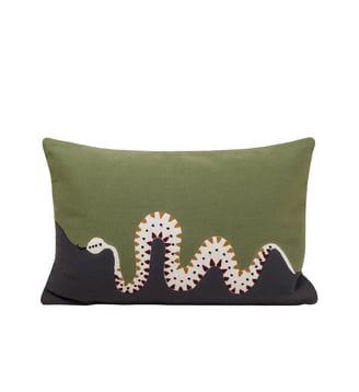 Housse De Coussin  Coton rebrodé d'un serpent en chaînette - Madura - Vert et python doré