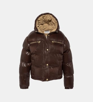 Doudoune courte à capuche en nylon brillant - Schott - Marron foncé
