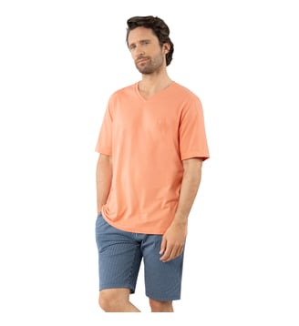 Pyjama Court COTON BIO - Eminence - Corail et bleu