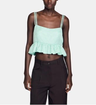 Top court jacquard floral volanté - Sandro - Vert d'eau