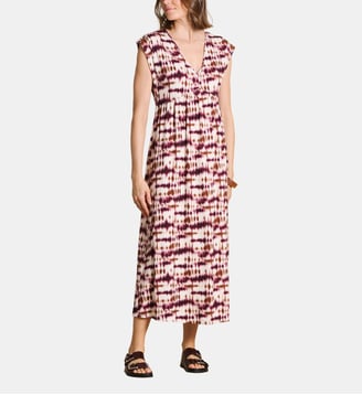 Robe midi col V à imprimé tie & dye - La Fée Maraboutée - Ecru et burgundy