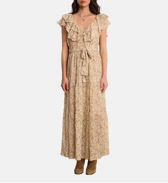 Robe longue à fleurs et volants - ARLENE - Pablo - Beige