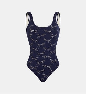 Maillot de bain une pièce dos échancré Jacquard Fleur Broderie Anglaise - Vilebrequin - Bleu marine