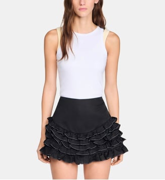Jupe short à volants surpiqués - Sandro - Noir