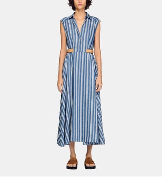 Robe longue à rayures et patte cuir - Sandro - Bleu blanc