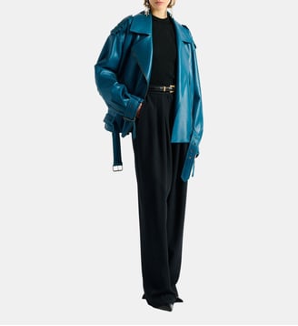 Veste biker en cuir d’agneau - Balmain - Bleu