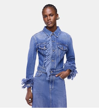 Veste en denim bleu délavé ajustée avec franges Rabanne