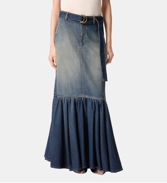 Jupe longue volantée et ceinturée en denim - Pinko - Lavage moyen foncé