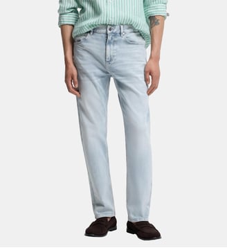Jean droit en coton effet délavé  - BOSS - Bleu moyen