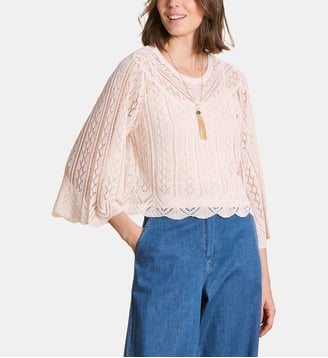 Pull court en maille fine ajourée - La Fée Maraboutée - Écru