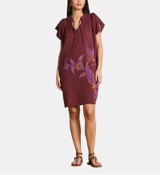 Robe courte en gaze de coton brodée col V - La Fée Maraboutée - Mahogany