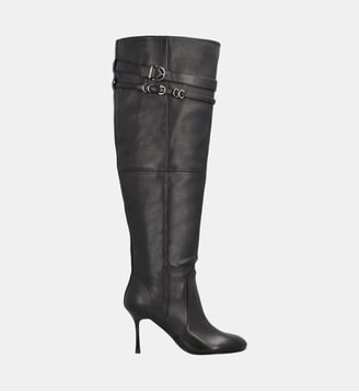 Bottes hauteur genou en cuir nappa à talon et bride - Pinko - Limousine noire