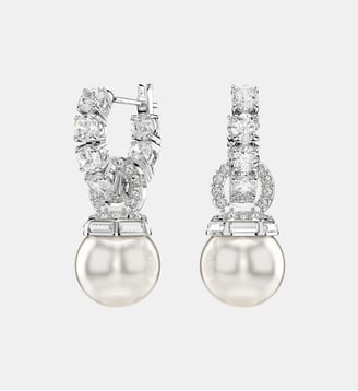 Pendants d'oreilles Matrix, Perle de cristal, Métal rhodié - Swarovski - White