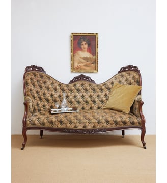 Banquette double en tissu Martine N°63- Produit chiné - Debongout - Bois foncé