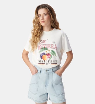 Tee-shirt col rond fantaisie fruits sérigraphie - Ikks - Écru