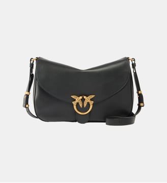 Sac moyen en cuir avec boucle love birds diamond cut - Pinko - Noir or antique