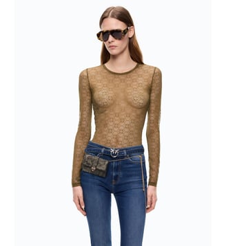 T-shirt en dentelle stretch à logo love birds - Pinko - Vert olive foncé