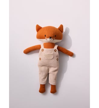 Peluche renard en tricot avec salopette velours - Cyrillus - Orange moyen uni