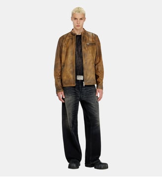 Biker jacket en cuir traité - Diesel - Marron clair