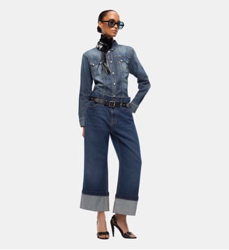 Jean cropped avec ceinture en cuir - Pinko - Délavage foncé