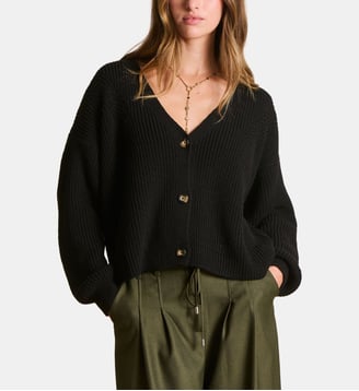 Gilet court ample en maille côtes perlées - La Fée Maraboutée - Noir