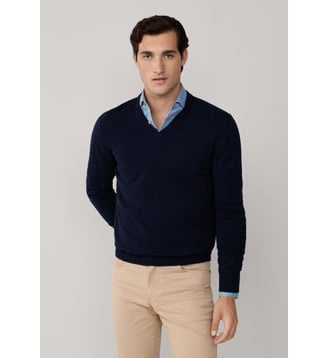 Pull À Col V En Laine Mérinos Mélangée - Hackett London - Midnight blue